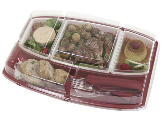 Plateau rectangulaire PS 5 compartiments fond bordeaux + 1 assiette IVOIRE et 2 raviers + couvercle [265x370x70] [50]