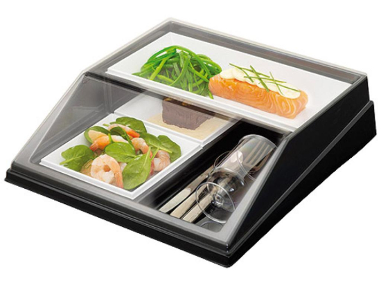 Plateau Cube 305X320 Fd Noir avec Couvercle  Pet Tr Raviers 1/2+1/4 Ps Blanc