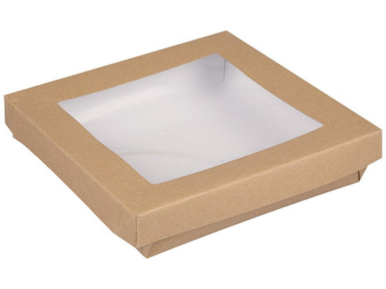 Boite carree "Uni Brown" carton kraft brun avec fenetre et couvercle [185x185x40] [200 (8x25)]