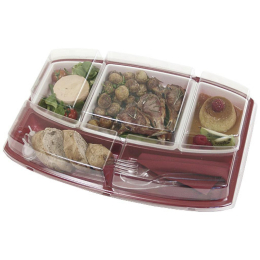 Plateau rectangulaire PS 5 compartiments fond bordeaux + 1 assiette IVOIRE et 2 raviers + couvercle [265x370x70] [50]