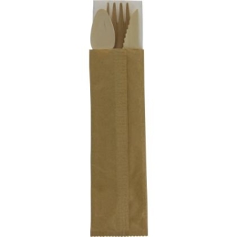 Sachet Couverts Bois 4/1 (Couteau+Fourchette+Cuillere 125+Serv) Sachet Papier *250