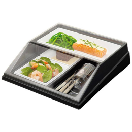 Plateau Cube 305X320 Fd Noir avec Couvercle  Pet Tr Raviers 1/2+1/4 Ps Blanc