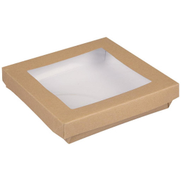 Boite carree "Uni Brown" carton kraft brun avec fenetre et couvercle [185x185x40] [200 (8x25)]